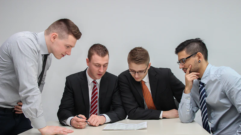 Grupo de profissionais revisando um contrato em uma mesa